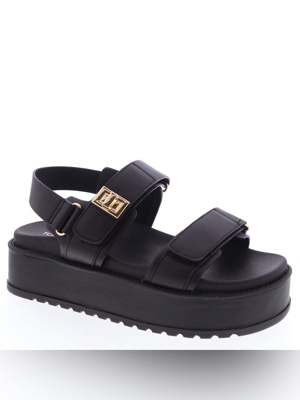 Women's Black Platform Velcro Sandals with Gold Accent
